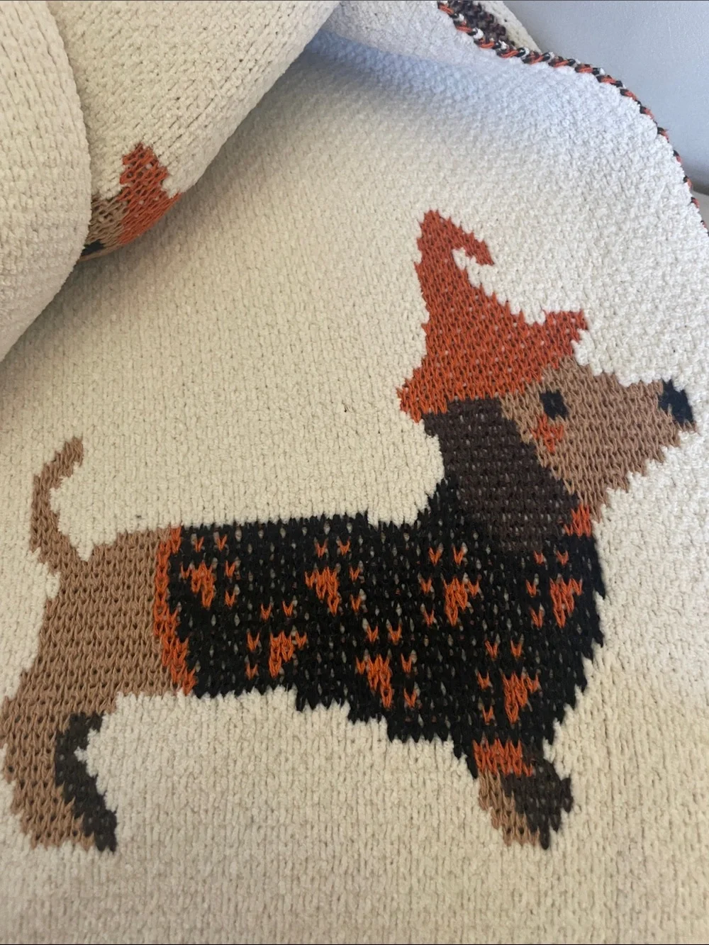 Isaac Mizrahi Cream Knit Throw with Halloween Dachshund Motif